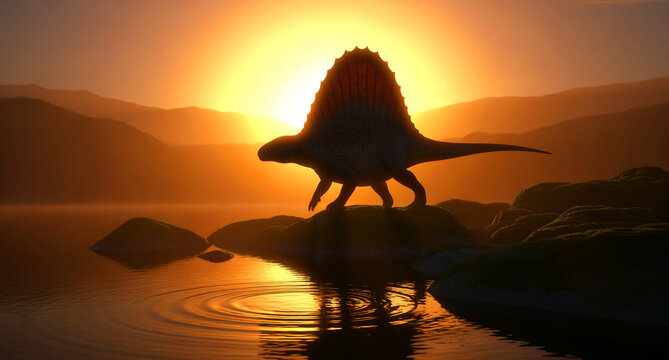 Majestic dimetrodon silhouette walks carefully across wet rocks near water during a dramatic prehistoric orange sunset