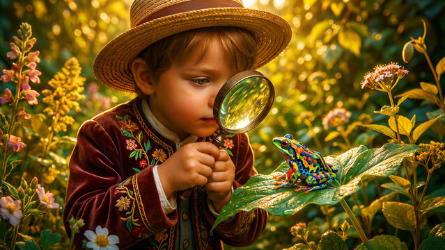 A curious young boy, adorned in a charming straw hat and an ornate velvet jacket, intently observes a stunningly colorful, brightly patterned frog through a magnifying glass, exploring the vibrant