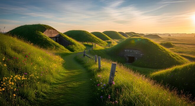 Ancient Hobbiton Style Homes in Green Rolling Hills at Sunset
