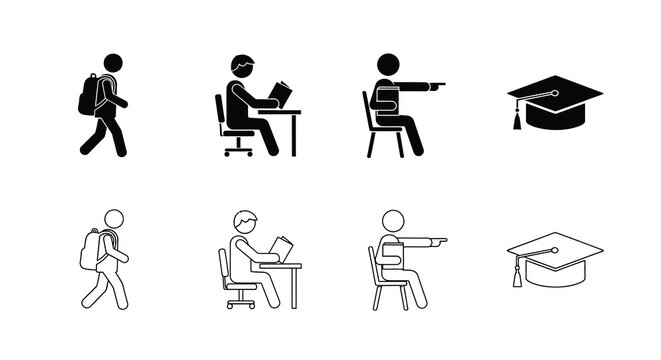 Stick figure icons depicting graduation and student life stages