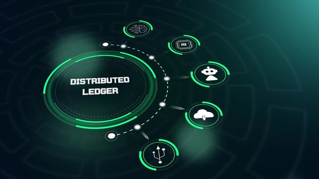 Distributed ledger hud animation featuring futuristic digital interface with block icons for secure blockchain transaction ads