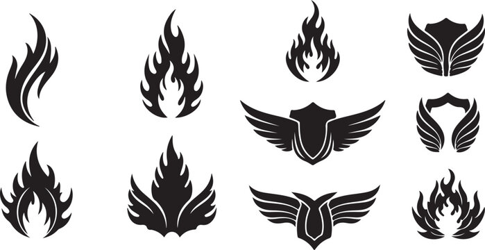 Collection of flame and wing logos and icons set