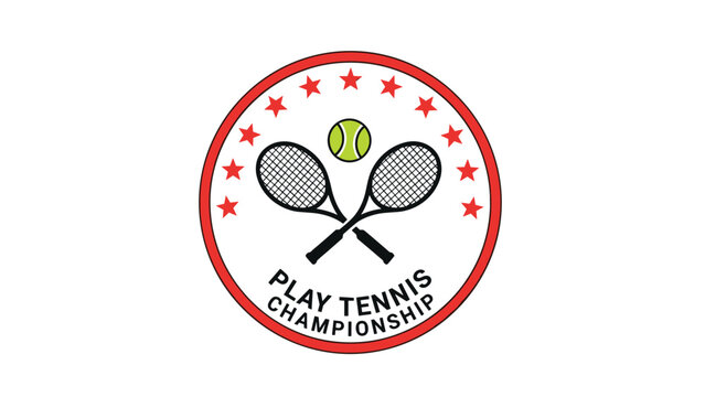 Tennis championship logo design featuring two crossed rackets and a ball surrounded by a circular frame with decorative stars.