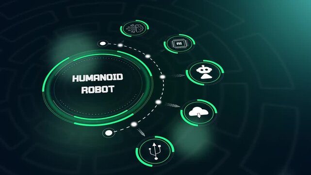 Humanoid robot hud animation with futuristic digital interface and android icons to showcase advanced bionic engineering ads