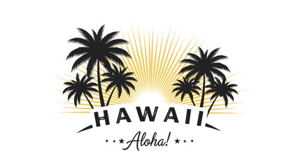 Obraz premium Tropical Hawaii logo featuring palm tree silhouettes and a golden sunburst with the word aloha on a white background for travel.