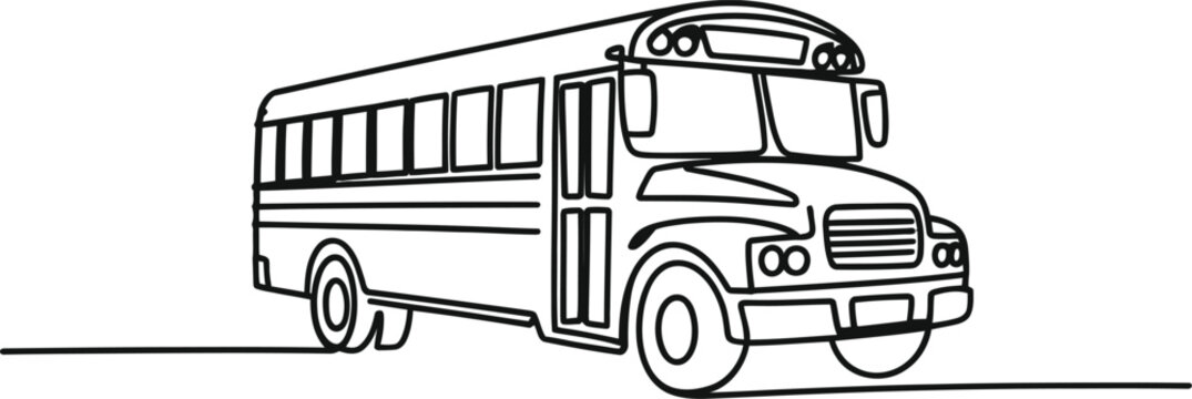 A black line drawing of a school bus