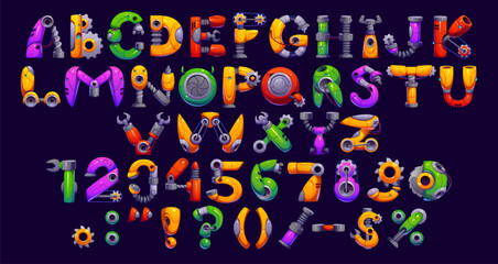 Cartoon robot hand font, gear wheel typeface, cyborg machine type, engineering English alphabet. Kids abc vector uppercase letters, digits and punctuation marks characters made of machine parts