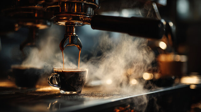 extreme close-up of a professional espresso machine brewing coffee on a polished black marble counter, rich espresso pouring into a cup while hot steam rises into the air.