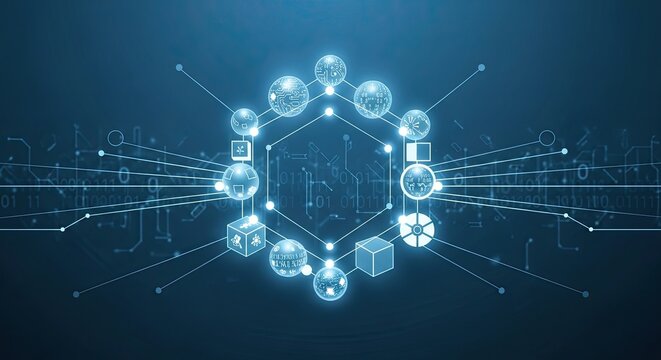 Glowing cybersecurity network protection concept with interconnected nodes and digital lines on dark blue futuristic grid background symbolizing data security and advanced technology infrastructure