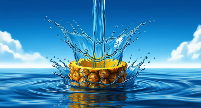 Vibrant illustration depicting a ripe pineapple segment receiving a refreshing cascade of pure, clear water splashing dynamically in bright blue liquid.