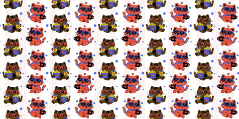 Obraz premium Set of Cute retro doodle cats. Funny abstract cat or kitten characters different poses, Seamless Pattern with Cute Cartoon Cat Design on White Background