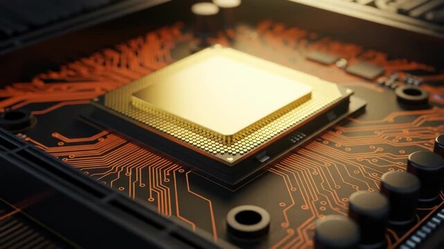 A shiny gold-colored microprocessor rests on a circuit board
