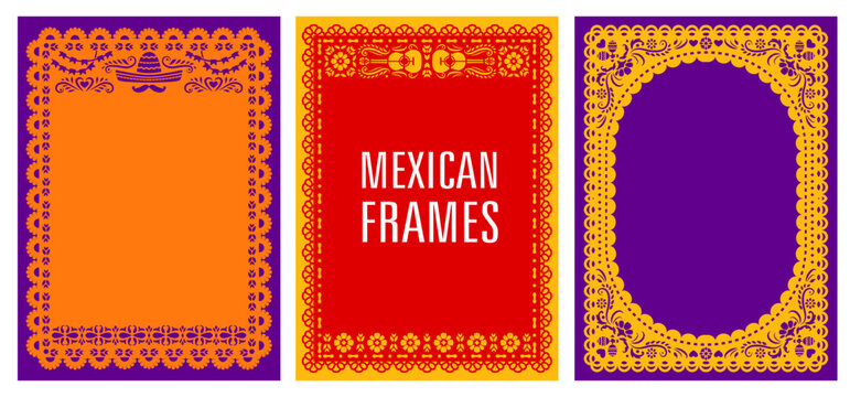 Papel picado Mexican fiesta frames, Hispanic holiday borders with decorative floral ornament. Traditional vector fiesta, dia de Muertos and Cinco de mayo celebration festive paper cut folk templates
