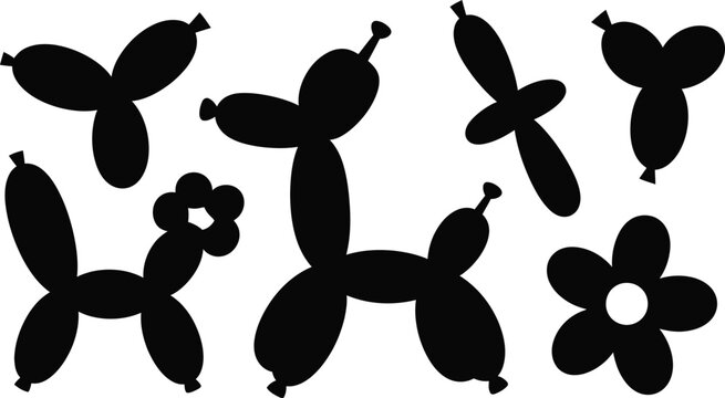 Collection of black balloon animals including dogs and flowers