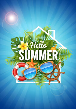 Hello Summer vacation background with tropical elements