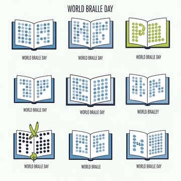 A poster celebrating braille with multiple illustrations of braille books