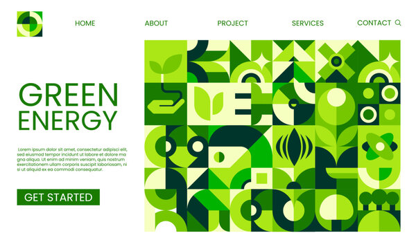 Green energy technology landing page template. Green energy company vector landing page, renewable power plant webpage. Clean environment and ecology website with Bauhaus green geometric shapes