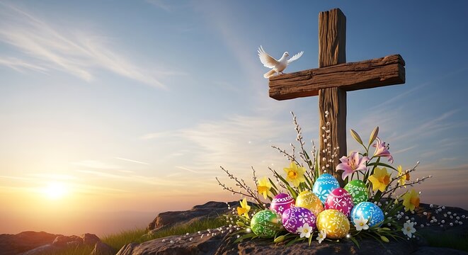 Easter Cross with Dove and Flowers at Sunrise.