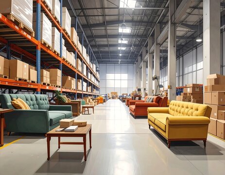 A spacious warehouse with rows of shelving units and couches