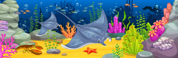 Cartoon stingray animals, seaweeds and coral reefs. Vector underwater scene with stingrays swimming among coral reef, rocks and marine animals. Ocean background with tropical fish, starfish and seabed © Vector Tradition