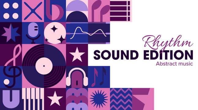 Sound edition and records studio banner with geometric music pattern. Flat vinyl record, microphone, headphones, and music notes in purple and pink grid layout. Vector pattern for concert poster