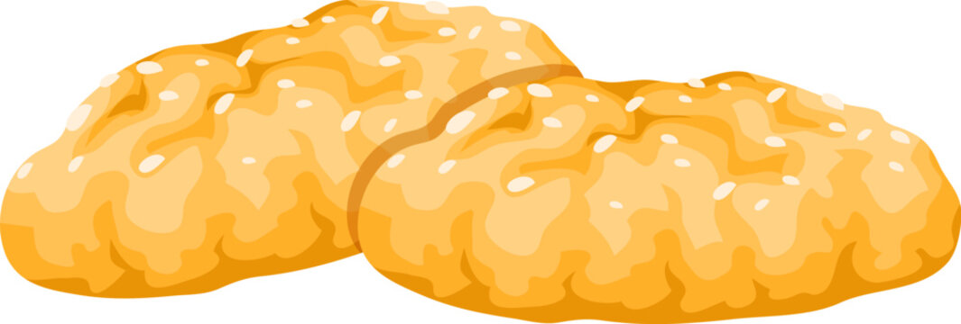 Cartoon oatmeal cookies isolated on white background. Vector pastry food, baked oat biscuits with grain texture, sesame seeds, crispy surface and golden color. Sweet healthy snack or breakfast pastry