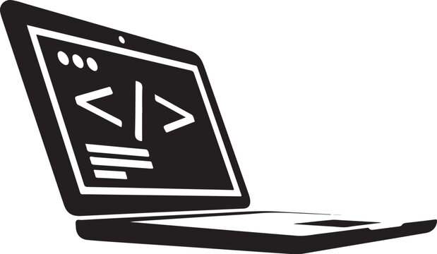 Laptop with coding symbols on screen in black and white