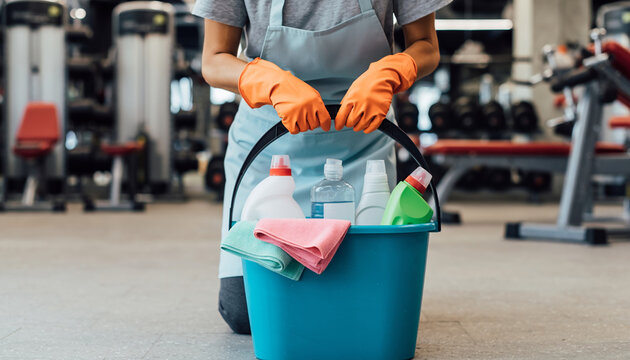 Facility maintenance worker in orange gloves holding blue bucket with cleaning products, gym equipment blurred in background.