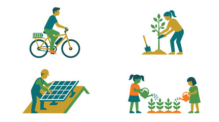 Fototapeta premium Sustainable activities: electric bike, planting, solar, watering