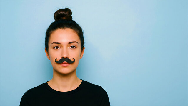 A focused young woman with dark hair in a bun and a black t-shirt, confidently stares forward, showcasing a perfectly shaped, playful, black, curly fake mustache on her upper lip, adding a whimsical