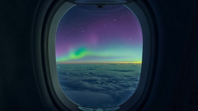 極地の夜明け、機窓越しに雲海と揺れるオーロラの帯を眺める