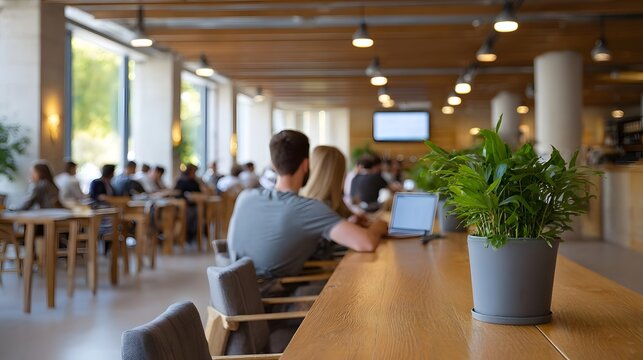 People working and socializing in a bright modern cafe interior illuminated by natural light