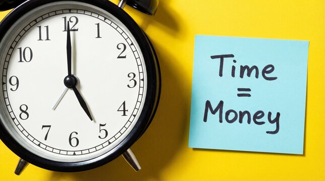 Clock and sticky note with time equals money concept on yellow background showing importance of time management