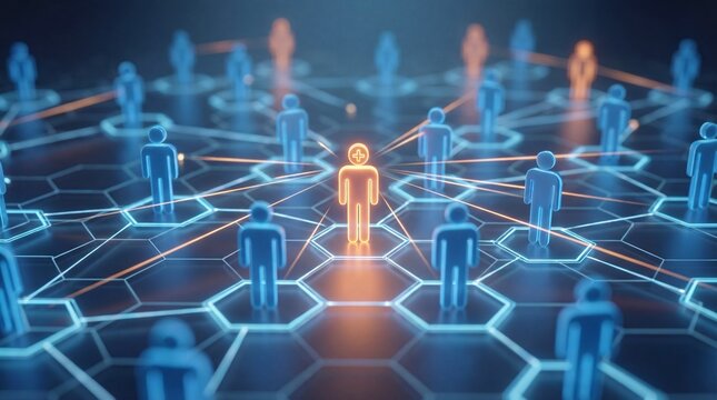 Network connections with central figure and surrounding people icons