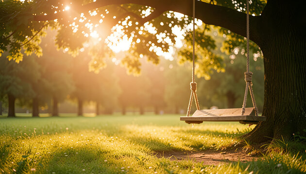 golden-hour park scene with an empty wooden swing hanging from a large tree branch in the right foreground, created with generative ai