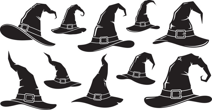 Collection of Black Witch Hats with Buckles and Pointed Tips