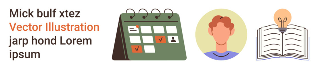 Time planning, personal identity, education, creativity, scheduling, idea generation. Calendar with checkmarks, male avatar open book with a lightbulb. Time planning and creativity theme © robu_s