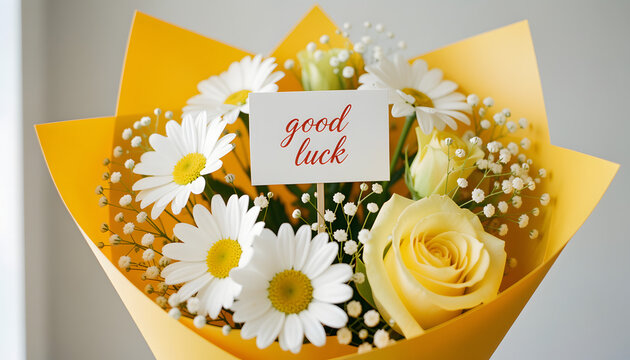 a cheerful flower bouquet wrapped in vivid sunflower-yellow paper, goodluck wishes, created with generative ai