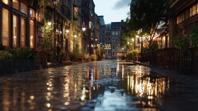 Night Reflections on a Wet Cobblestone European Street with Cafes