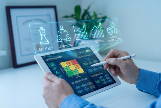 A person holds a white digital tablet displaying a risk assessment matrix while a transparent blue strategy and metrics interface floats above the screen.