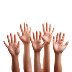 Obraz premium Six Hands Up Isolated on White Background for Group Collaboration Concept