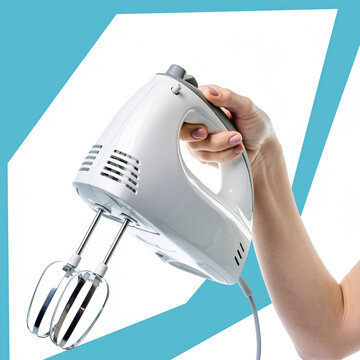 Person using electric hand mixer for baking, white appliance with silver beaters, kitchen tool, culinary gadget, food preparation.