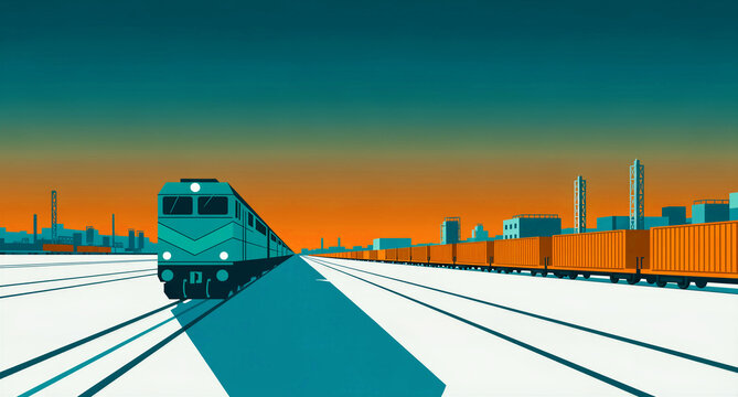 A dynamic, vibrant illustration showcases a long teal locomotive pulling numerous orange cargo containers on parallel railway tracks, conveying concepts of modern freight transport, global logistics,