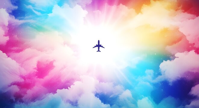 Small plane soaring through a vibrant, colorful cloudy sky