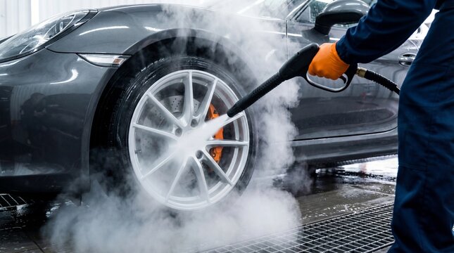Car wash worker cleaning a vehicle tire with high pressure washer