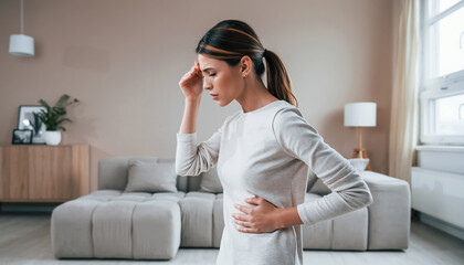Obraz premium Young woman clutching head and stomach, experiencing pain, modern apartment, indoor health concern, wellness issue, home setting.