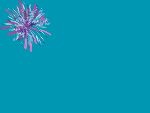 Abstract artwork depicting a colorful explosion resembling a firework on a teal background. The burst consists of vibrant strokes in shades of purple, pink, and blue, radiating outward with varying th