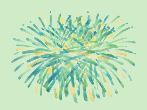 Watercolor painting of a firework burst with overlapping strokes in blue, green, and yellow hues. Lines radiate from the center, creating a vibrant explosion pattern. Background is a light green, enha