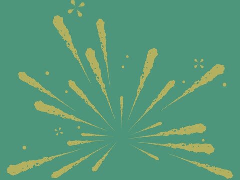 Stylized design with yellow, paint-like streaks radiating from a central point against a solid teal background. The composition features elongated, irregular shapes resembling abstract fireworks or dy