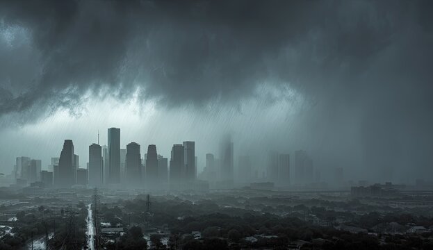 Ominous storm clouds gather over a distant city skyline with rain
